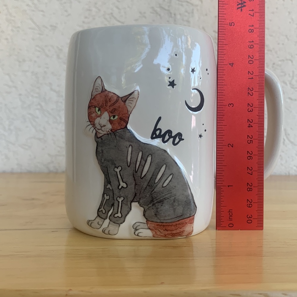 Rae Dunn Halloween Cat Mug wearing a Skeleton sweater. Boo - Picture 8 of 9